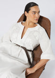 Marina Rinaldi Opossum Split Neck Embroidered cotton Long Dress styled on model with belt in White