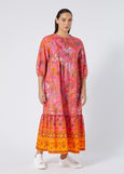 front view of Marina Rinaldi Stecca Cotton Print Tiered Long Dress on plus model in Fuchsia Print