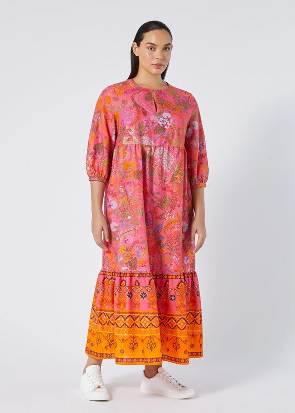 front view of Marina Rinaldi Stecca Cotton Print Tiered Long Dress on plus model in Fuchsia Print