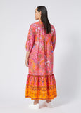 front view of Marina Rinaldi Stecca Cotton Print Tiered Long Dress on plus model in Fuchsia Print