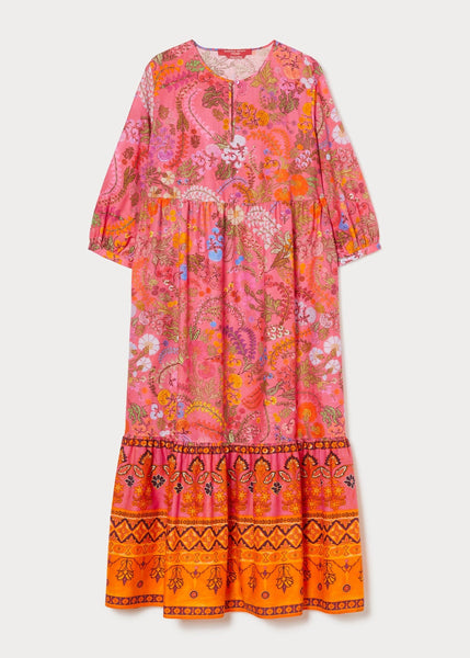 front view of Marina Rinaldi Stecca Cotton Print Tiered Long Dress in Fuchsia Print