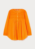 front view of Marina Rinaldi Mira Pleated Tuck Front cotton Peasant Blouse with Liner in Orange