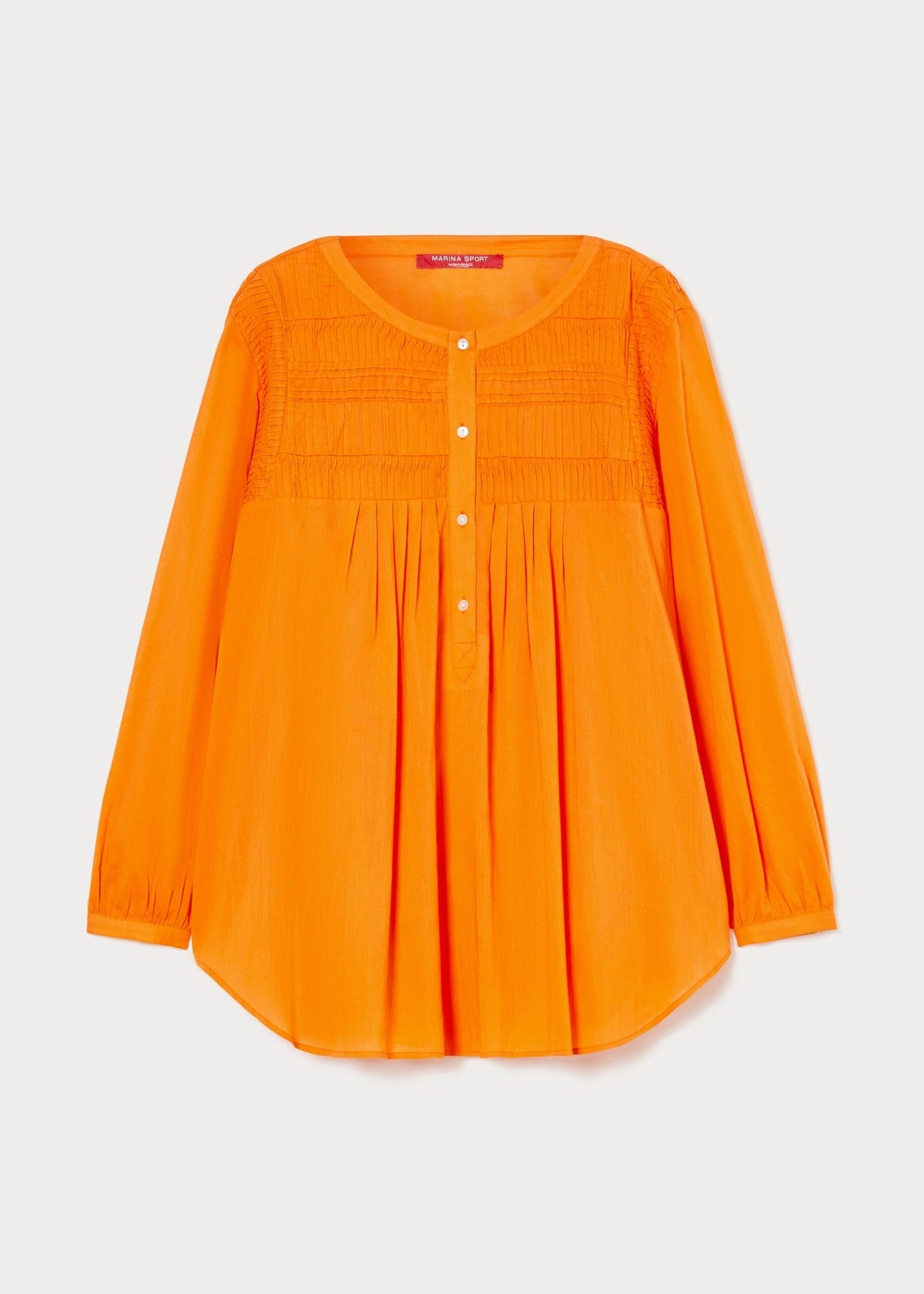 front view of Marina Rinaldi Mira Pleated Tuck Front cotton Peasant Blouse with Liner in Orange