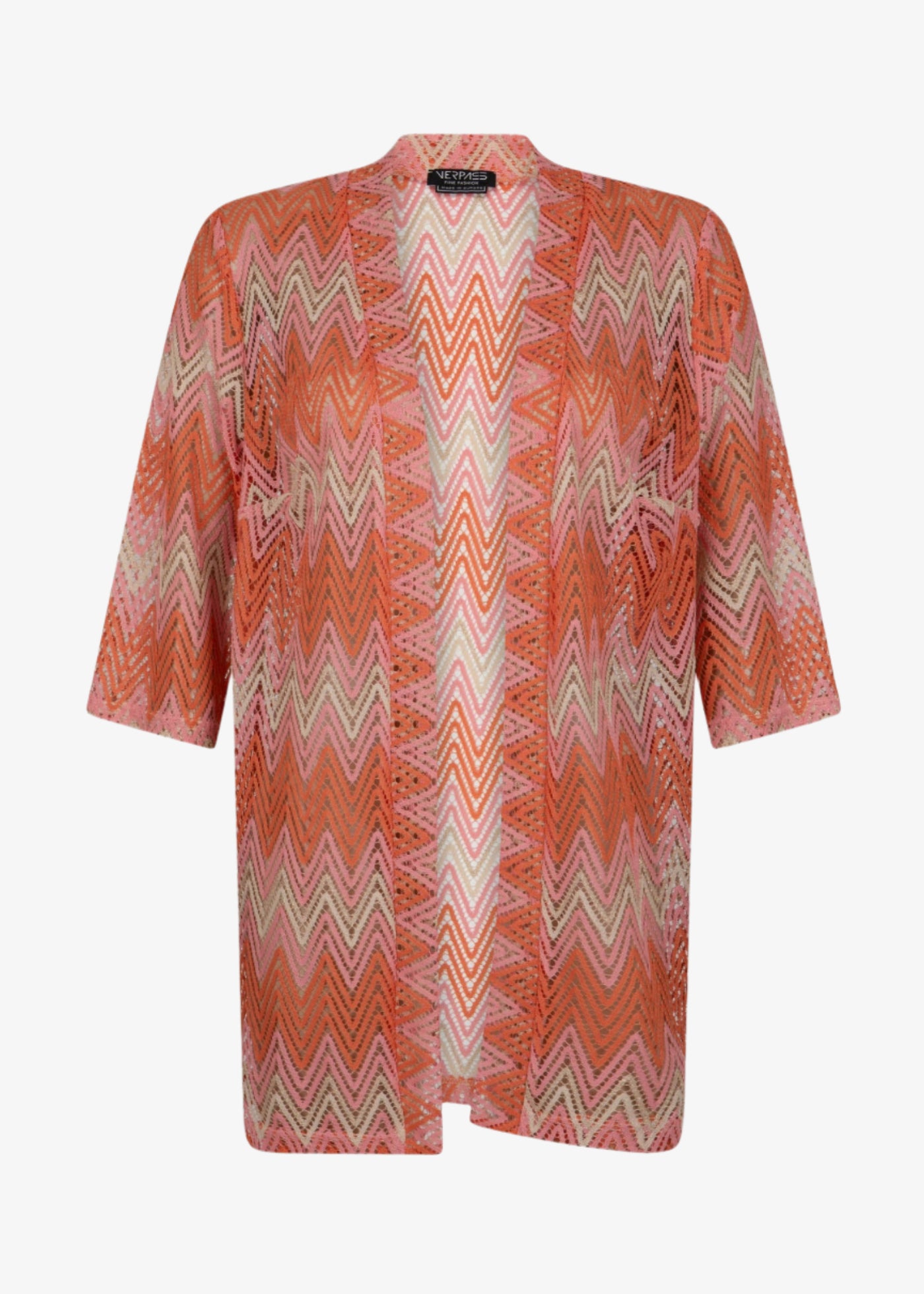 front view of Verpass plus size Bargello Knit 3/4 Sleeve Open Cardigan in Peach