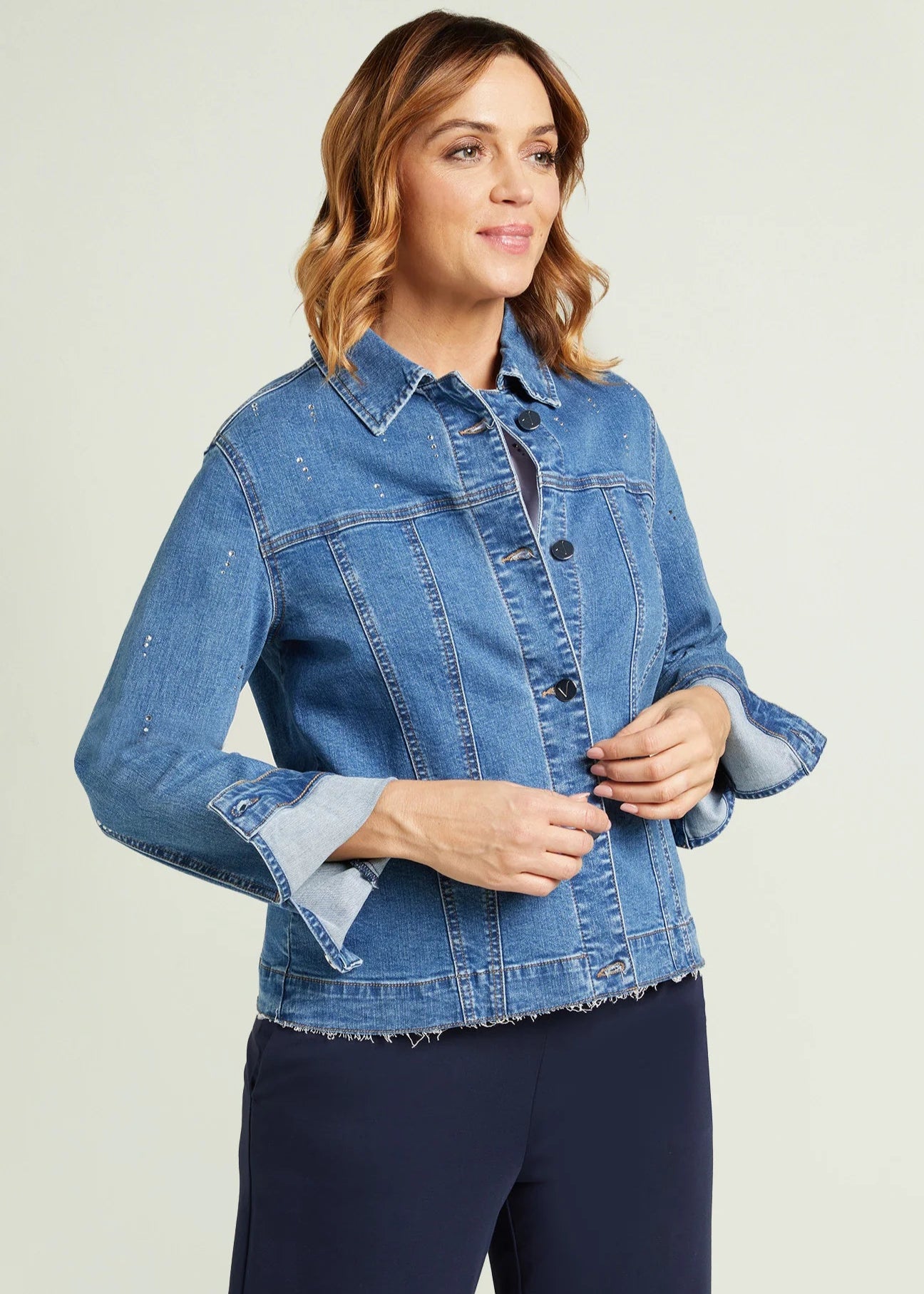 front view of Luisa Viola plus size Stretch Denim Blue Jean Jacket
