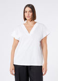 front view of Marina Rinaldi Biago V-neck Cotton Interlock Tee on model in White