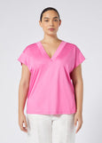 front view of Marina Rinaldi Biago V-neck Cotton Interlock Tee in Fuchsia
