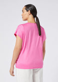 back view of Marina Rinaldi Biago V-neck Cotton Interlock Tee in Fuchsia