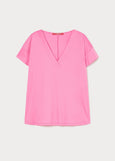 front view of Marina Rinaldi Biago V-neck Cotton Interlock Tee in Fuchsia