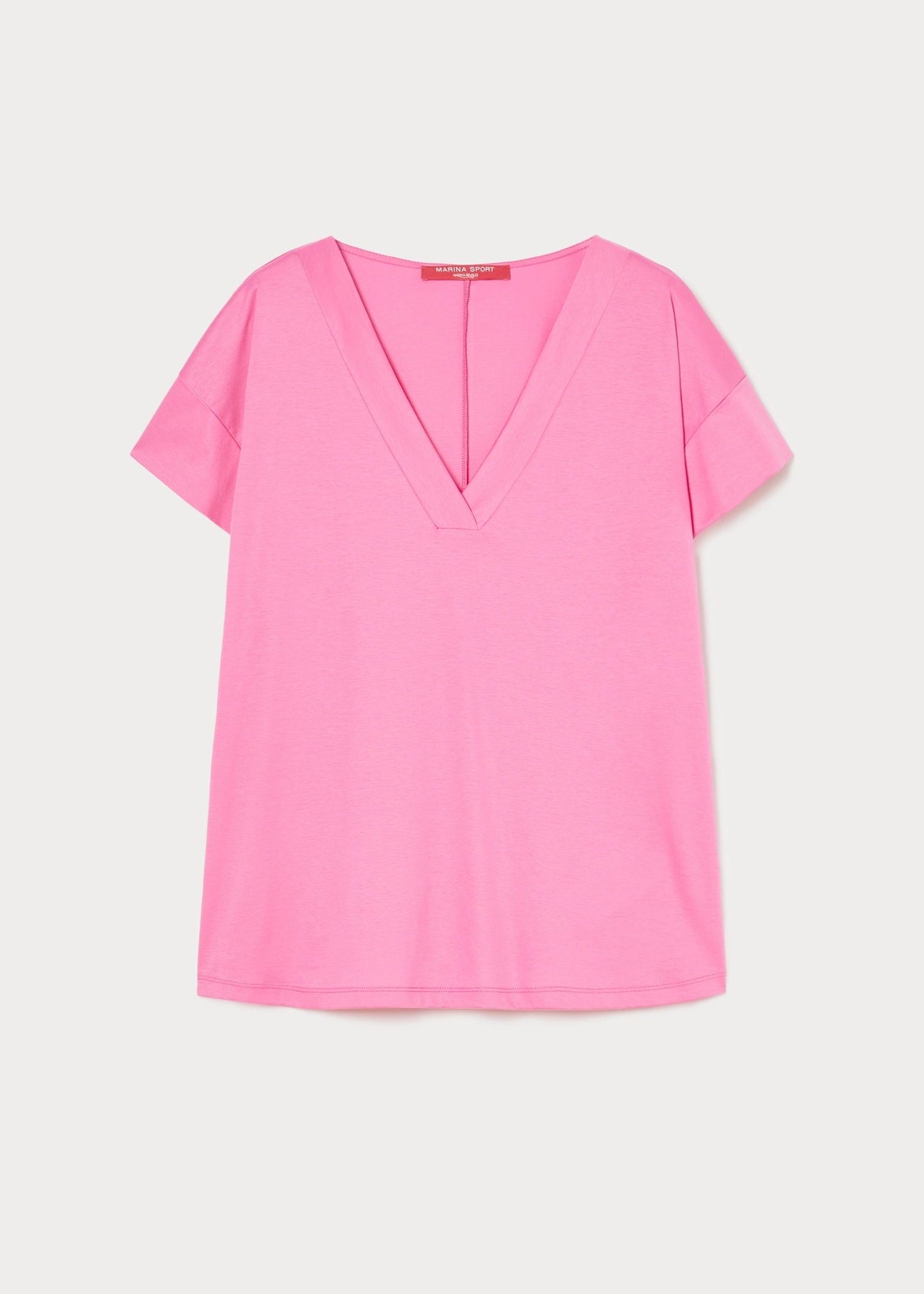 front view of Marina Rinaldi Biago V-neck Cotton Interlock Tee in Fuchsia