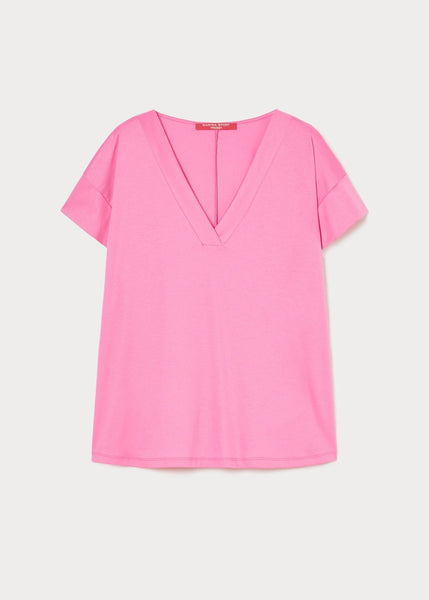 front view of Marina Rinaldi Biago V-neck Cotton Interlock Tee in Fuchsia