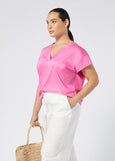 front/side view of Marina Rinaldi Biago V-neck Cotton Interlock Tee in Fuchsia