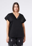 front view of Marina Rinaldi Biago V-neck Cotton Interlock Tee in Black