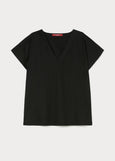 front view of Marina Rinaldi Biago V-neck Cotton Interlock Tee in Black