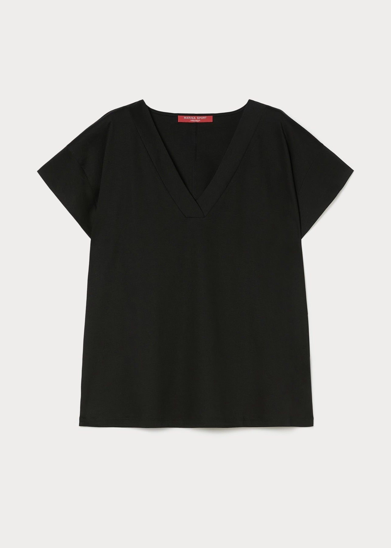 front view of Marina Rinaldi Biago V-neck Cotton Interlock Tee in Black