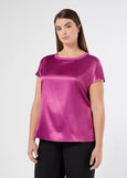front view of plus size Marina Rinaldi Zigano Short Sleeve Satin Front Jersey Back Tee in Cyclamen
