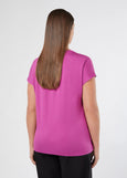 back view of plus size Marina Rinaldi Zigano Short Sleeve Satin Front Jersey Back Tee in Cyclamen