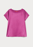 front view of plus size Marina Rinaldi Zigano Short Sleeve Satin Front Jersey Back Tee in Cyclamen