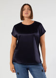 back view of plus size Marina Rinaldi Zigano Short Sleeve Satin Front Jersey Back Tee in Midnight