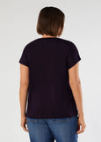 back view of plus size Marina Rinaldi Zigano Short Sleeve Satin Front Jersey Back Tee in Midnight