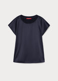 front view of plus size Marina Rinaldi Zigano Short Sleeve Satin Front Jersey Back Tee in Midnight