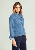 front view of plus size Luisa Viola Stretch Denim Blue Jean Jacket