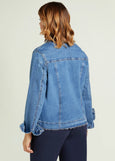 back view of plus size Luisa Viola Stretch Denim Blue Jean Jacket