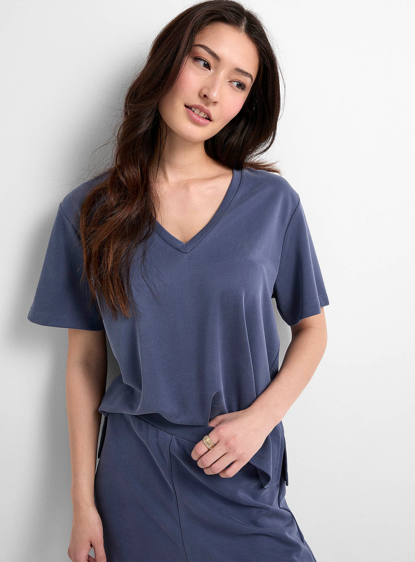 Part Two Ruth Tencel V-Neck Short Sleeve Top in Blue