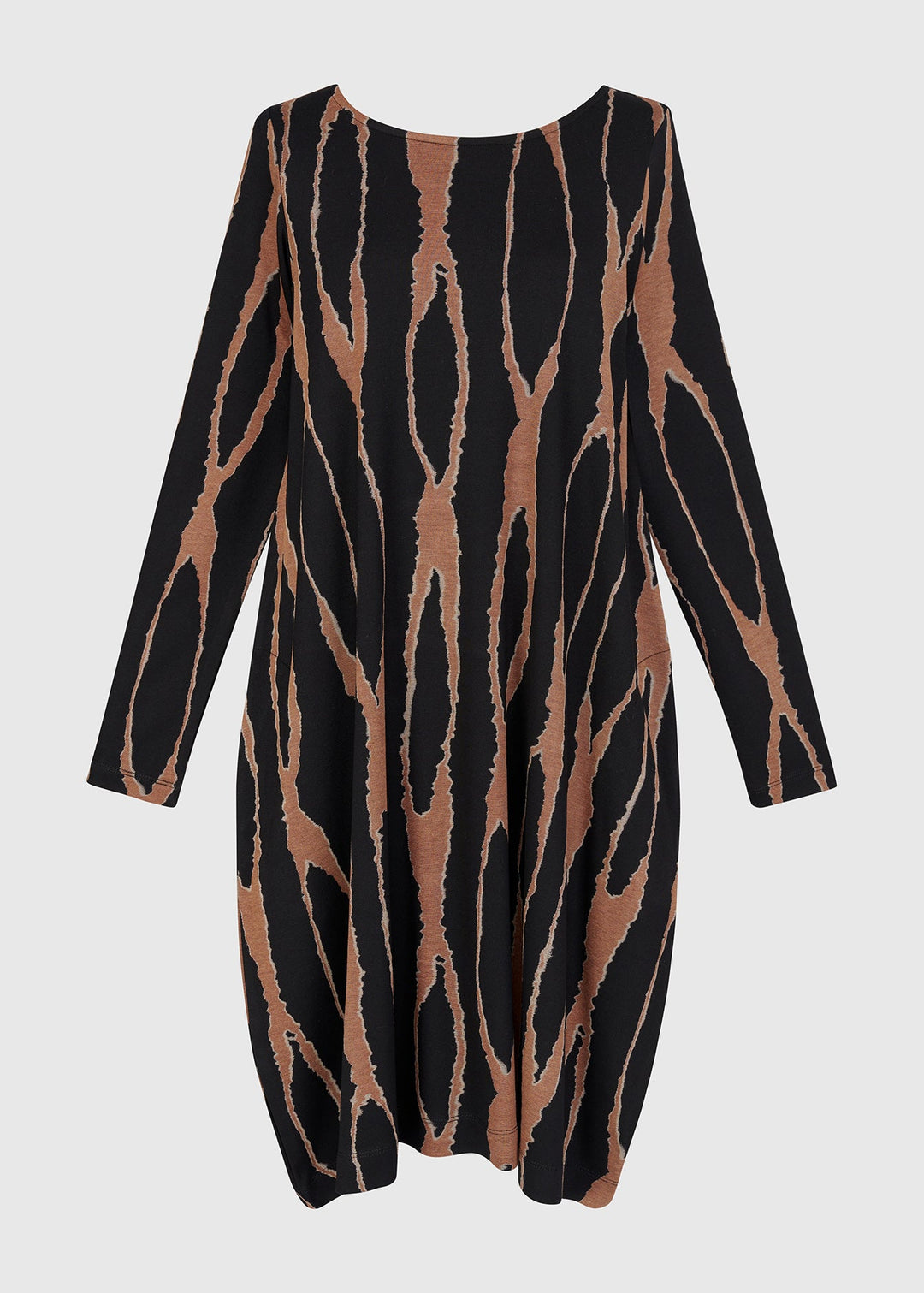 Black dress with brown abstract pattern on a light gray background