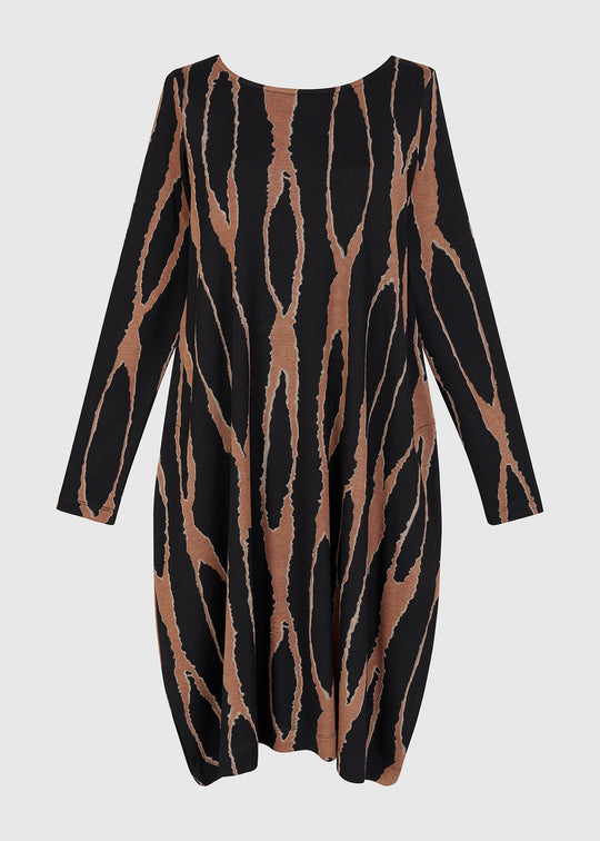 Black dress with brown abstract pattern on a light gray background