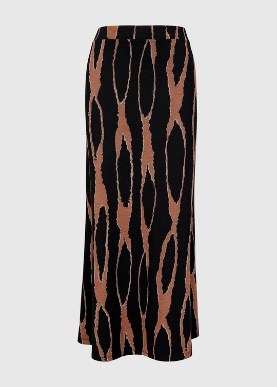 Black skirt with brown abstract pattern on a white background