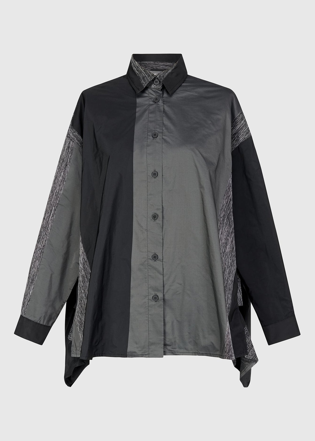 Black and gray shirt with patterned sleeves on a white background