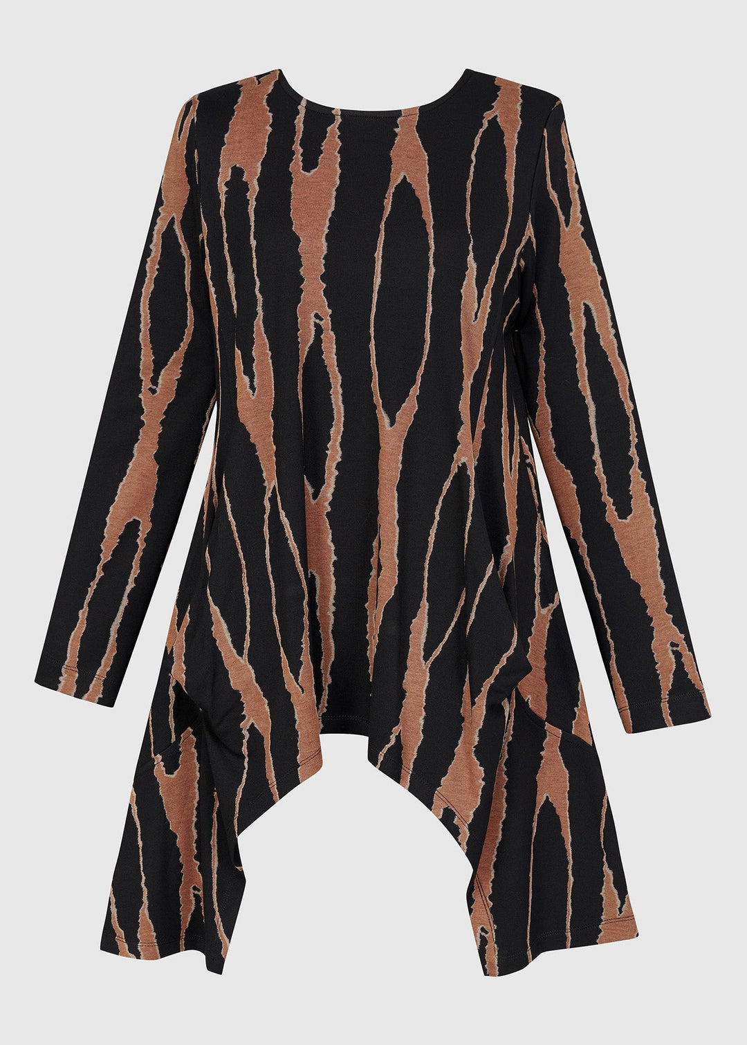 Alembika Long Sleeve Jersey Wood Print Shark Bite Tunic in Wood