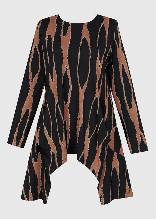 Alembika Long Sleeve Jersey Wood Print Shark Bite Tunic in Wood
