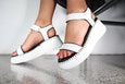 side view of Minx Blake Platform Sandal in White on model