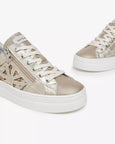 close up front view of Nero Giardini Paradise Zip Closure with Lace Platform Runner in Champagne