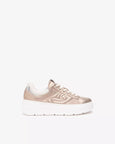 side view of Nero Giardini Lace up Saturn Metallic Platform Runner with Logo