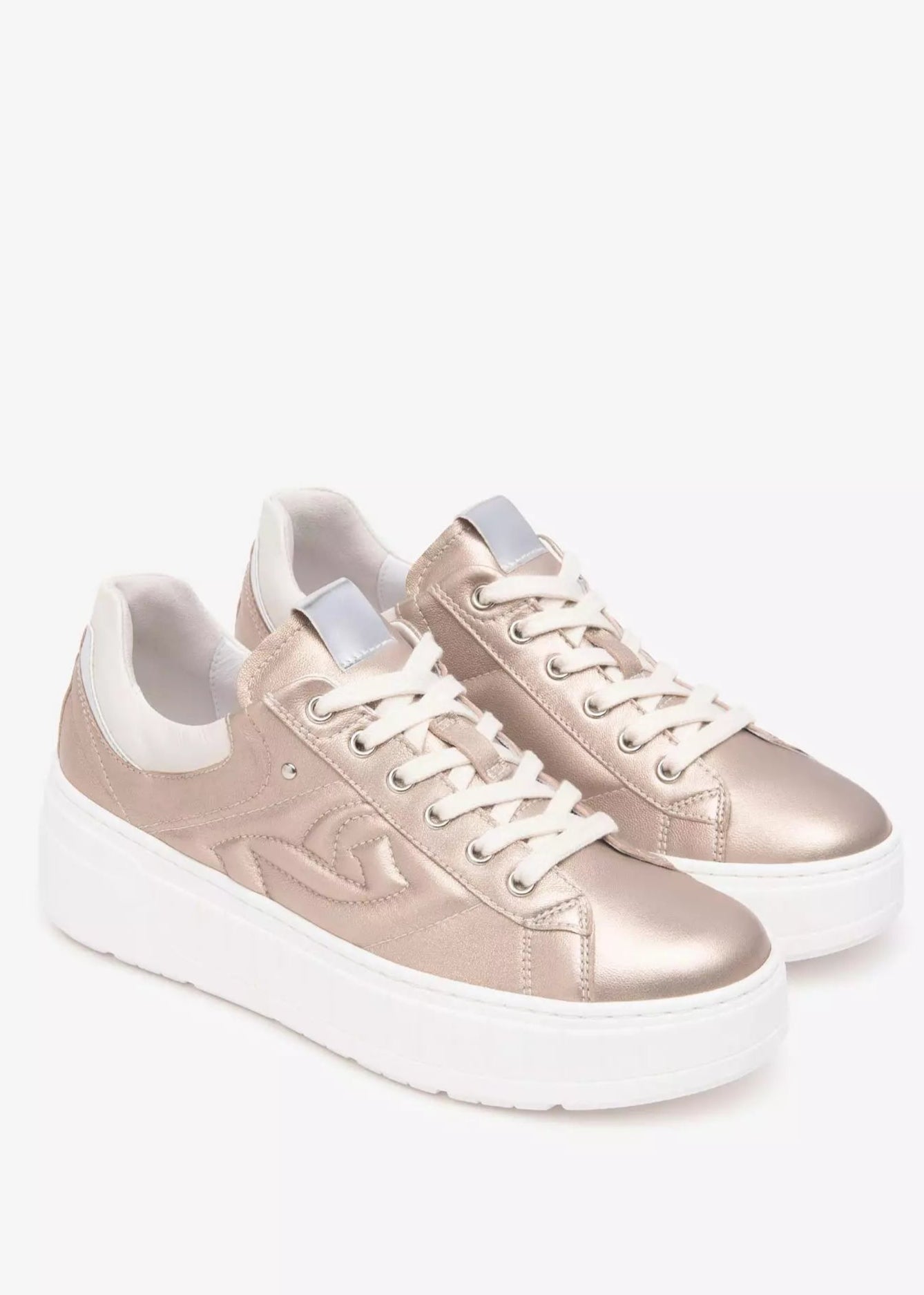 front view pair Nero Giardini Lace up Saturn Metallic Platform Runner with Logo