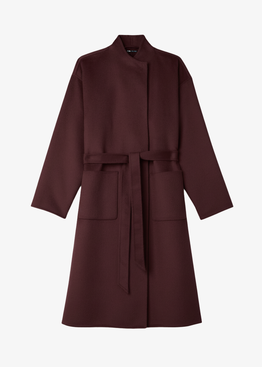 Eileen Fisher Lustrous Wool HIgh Collar Calf Length Coat in Cassis