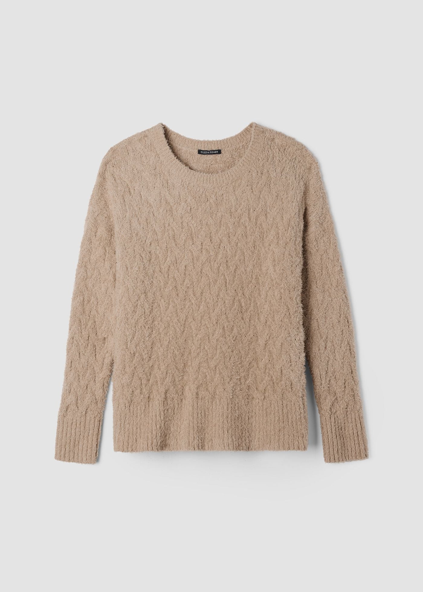 Eileen Fisher Fringed Organic Cotton Crew Neck Sweater in Biscuit