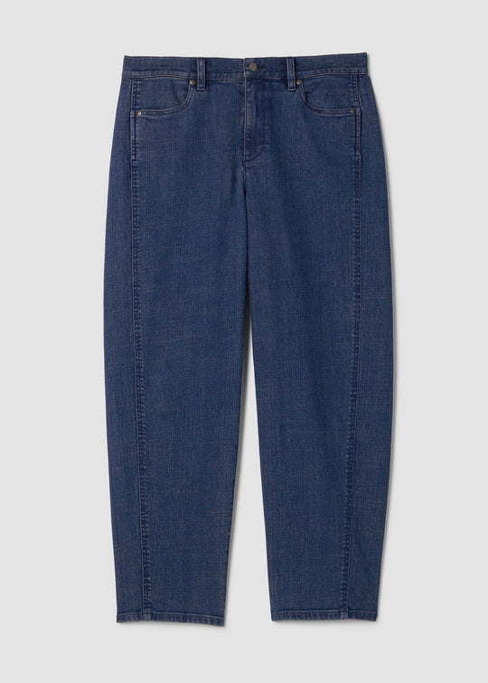 front view of plus size Eileen Fisher Cotton Str. Denim Ankle Lantern Jean in Med. Indigo