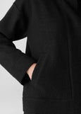 close up front view of plus size Eileen Fisher Light Weight Boiled Wool Stand Collar Jacket W. Pockets in Black