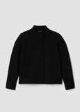 front view of plus size Eileen Fisher Light Weight Boiled Wool Stand Collar Jacket W. Pockets in Black