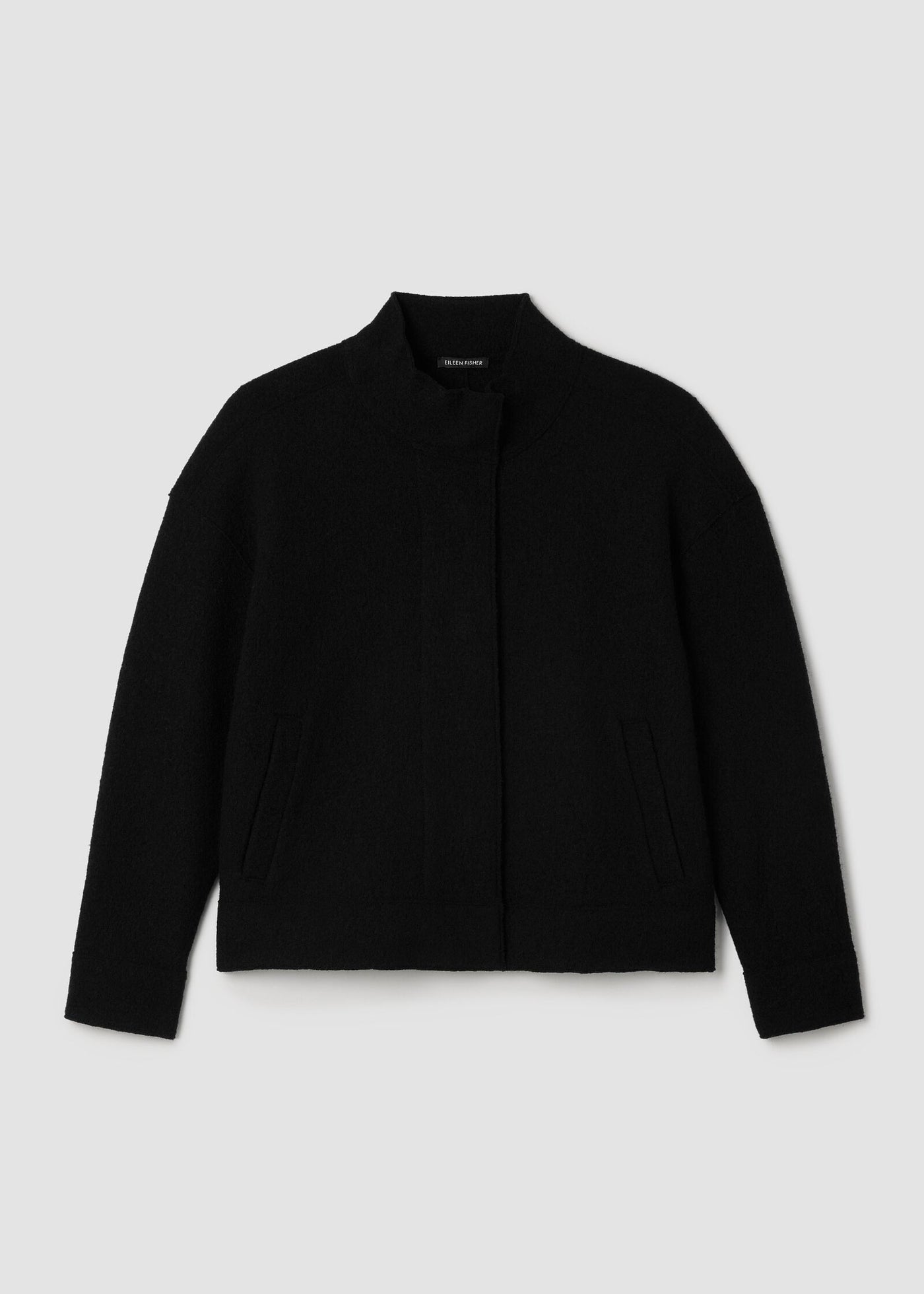 front view of plus size Eileen Fisher Light Weight Boiled Wool Stand Collar Jacket W. Pockets in Black
