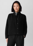 front view of plus size Eileen Fisher Light Weight Boiled Wool Stand Collar Jacket W. Pockets in Black