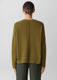 back view of plus size Eileen Fisher Organic Cotton blend Fluff Crewneck Sweater in Moss