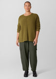 front view of plus size Eileen Fisher Organic Cotton blend Fluff Crewneck Sweater in Moss on model