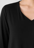 close up front view of plus size Eileen Fisher Fine Stretch Jersey V-Neck Long Slv. Tunic in Black