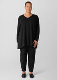 front view on plus size model of Eileen Fisher Fine Stretch Jersey V-Neck Long Slv. Tunic in Black