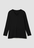 Front view of plus size Eileen Fisher Fine Stretch Jersey V-Neck Long Slv. Tunic in Black